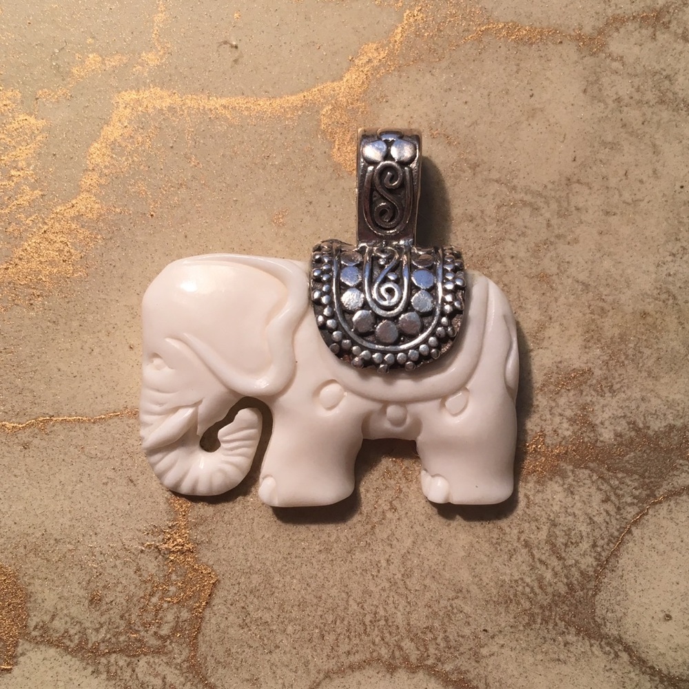 Carved Bone Elephant Pendant in Sterling Silver